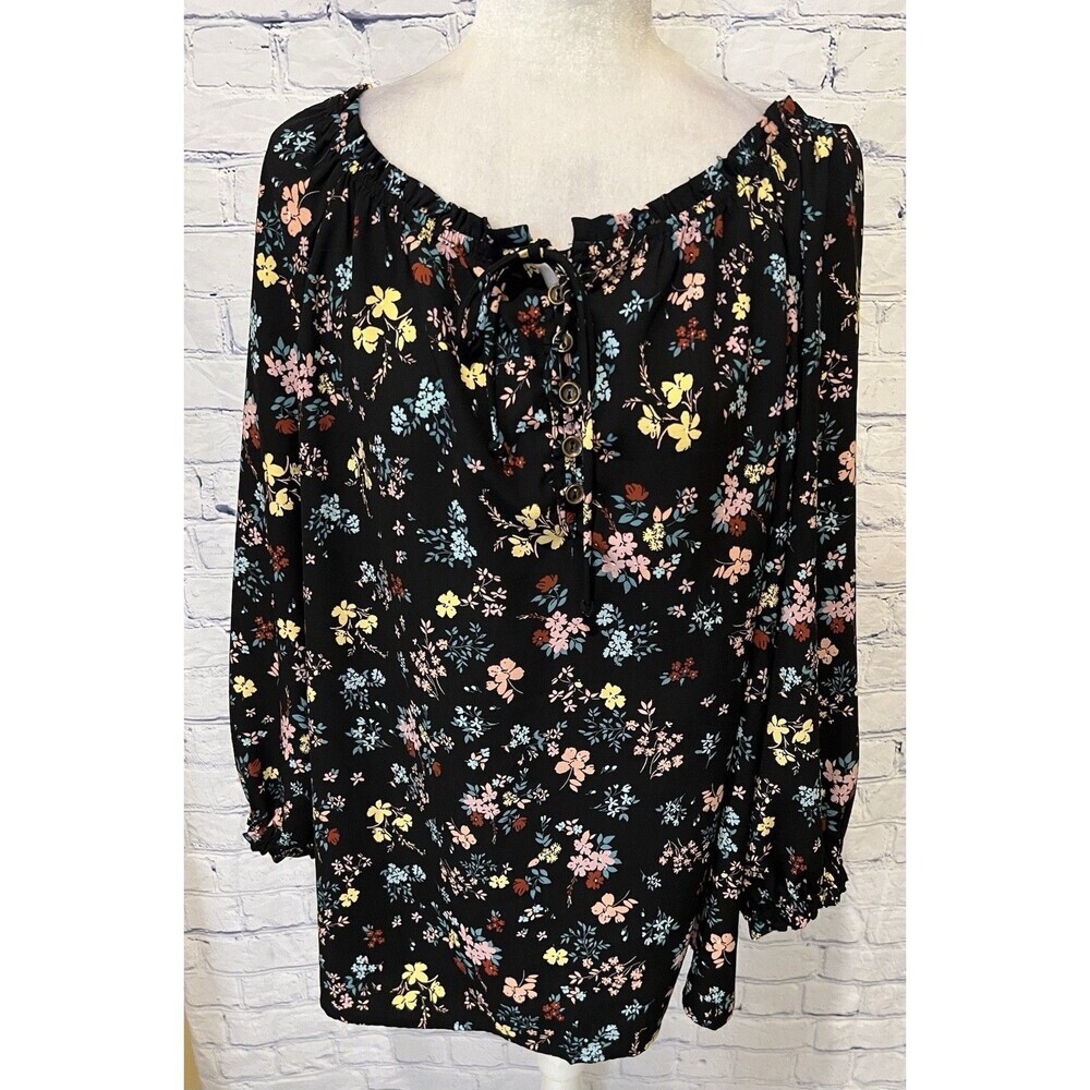 AGB blouse Woman Black Floral  Blouse  Long sleeve BOHO CottageCore Plus Size 2X
